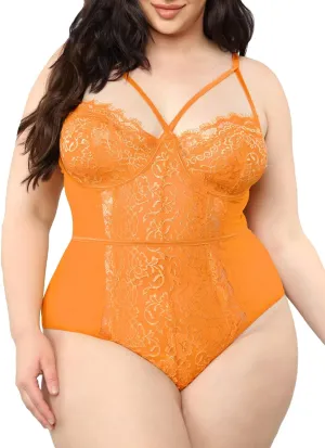 Kaei&Shi Plus Size Eyelash Lace Bodysuit, Snap Crotch Sexy Top Lingerie, Club Outfit