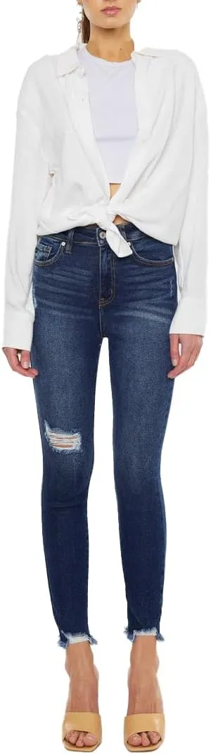 Kan Can Women's high Rise Distressed Ankle Skinny Jeans