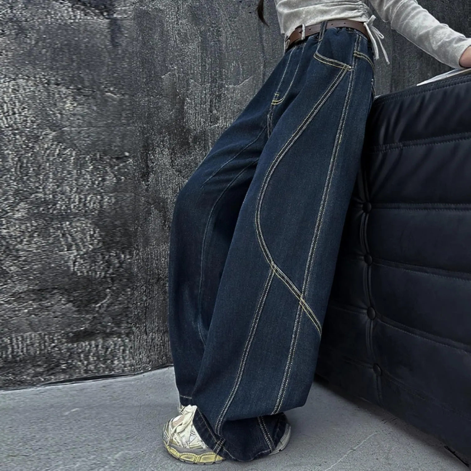 Kid Girls Denim Baggy Jeans Teens Children Denim Long Straight Wide Leg High Waist Elastic Loose Fit Casual Washed Jeans