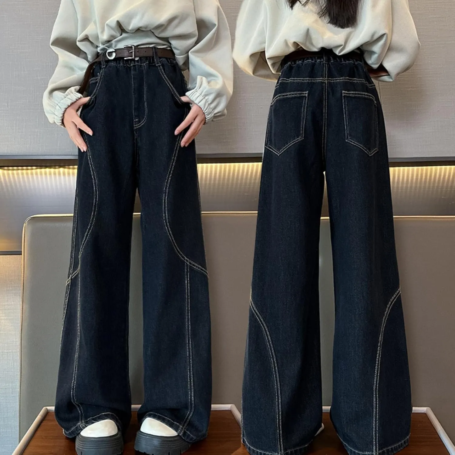 Kid Girls Denim Baggy Jeans Teens Children Denim Long Straight Wide Leg High Waist Elastic Loose Fit Casual Washed Jeans