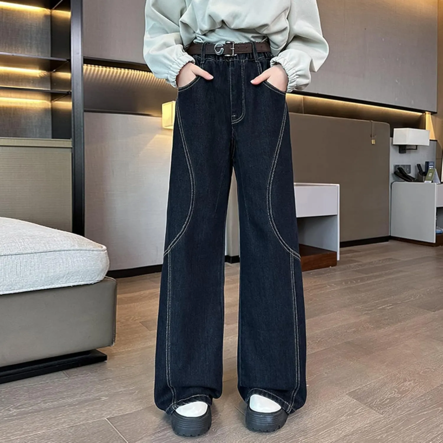 Kid Girls Denim Baggy Jeans Teens Children Denim Long Straight Wide Leg High Waist Elastic Loose Fit Casual Washed Jeans