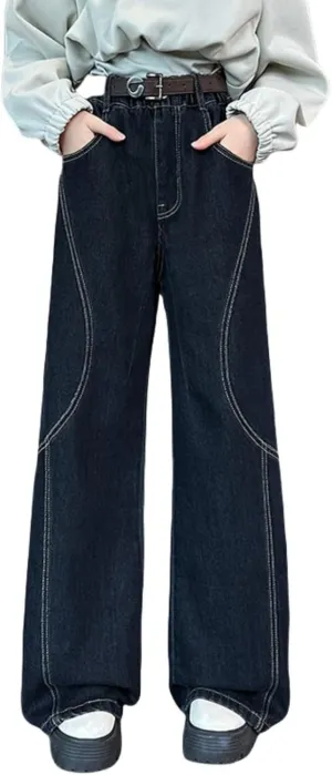 Kid Girls Denim Baggy Jeans Teens Children Denim Long Straight Wide Leg High Waist Elastic Loose Fit Casual Washed Jeans
