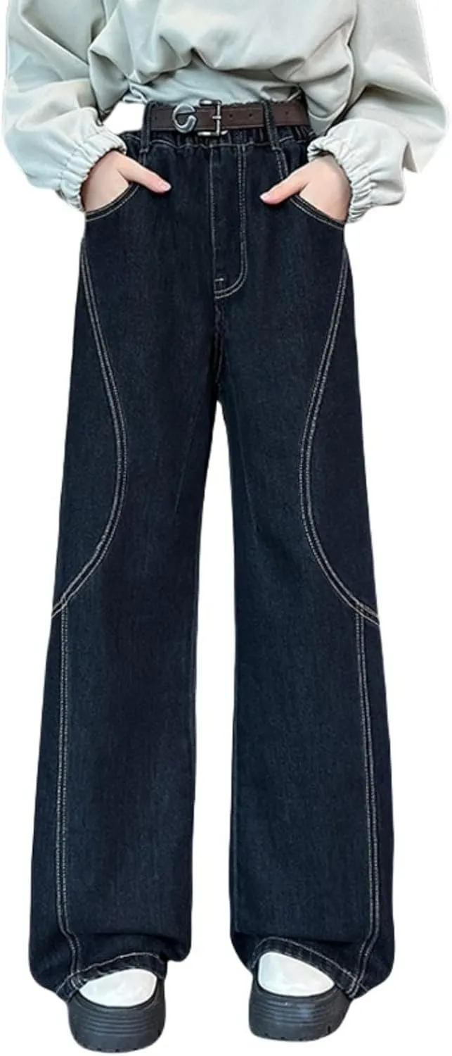 Kid Girls Denim Baggy Jeans Teens Children Denim Long Straight Wide Leg High Waist Elastic Loose Fit Casual Washed Jeans