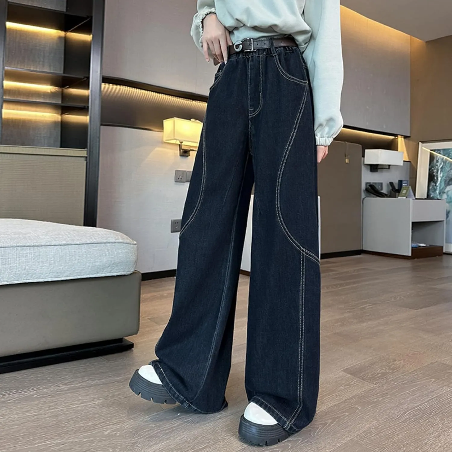 Kid Girls Denim Baggy Jeans Teens Children Denim Long Straight Wide Leg High Waist Elastic Loose Fit Casual Washed Jeans