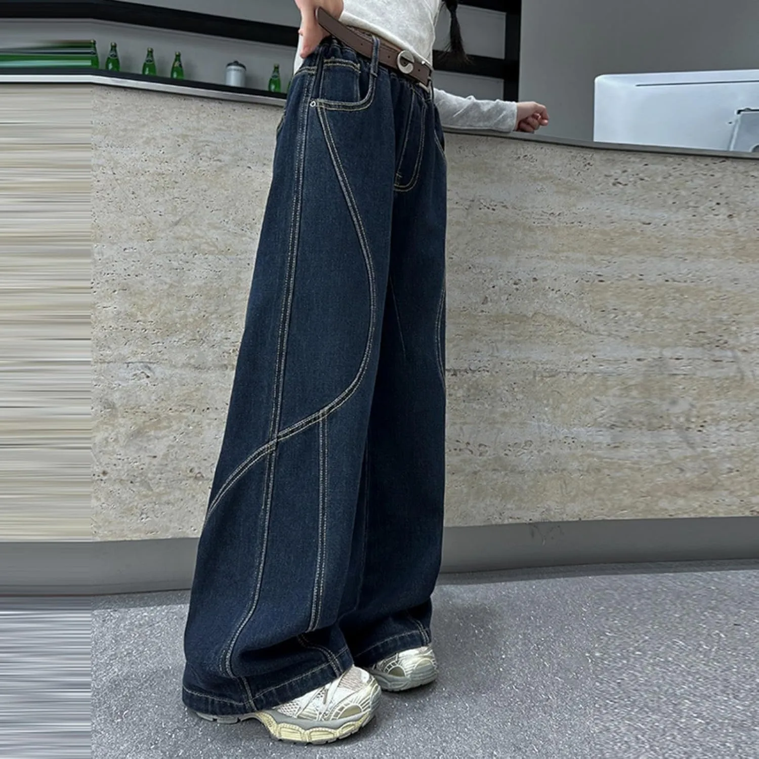 Kid Girls Denim Baggy Jeans Teens Children Denim Long Straight Wide Leg High Waist Elastic Loose Fit Casual Washed Jeans