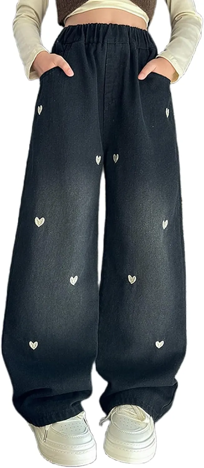 Kids Girls Baggy Jeans Heart Print Casual Wide Leg Loose fit Denim Pants Size 5-14 Years