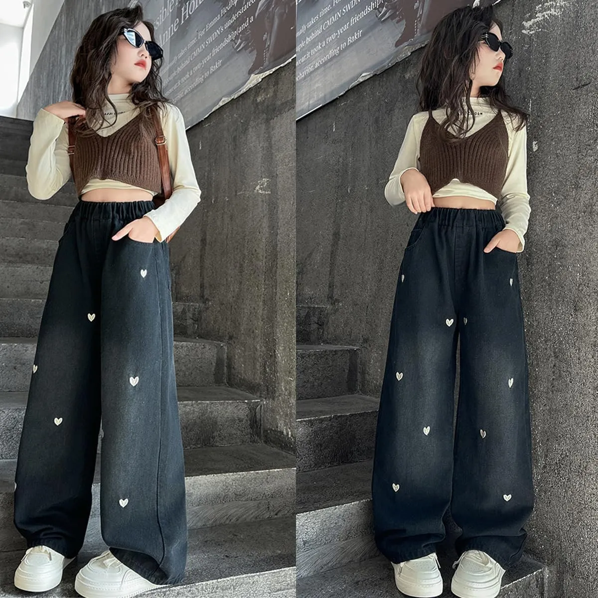 Kids Girls Baggy Jeans Heart Print Casual Wide Leg Loose fit Denim Pants Size 5-14 Years