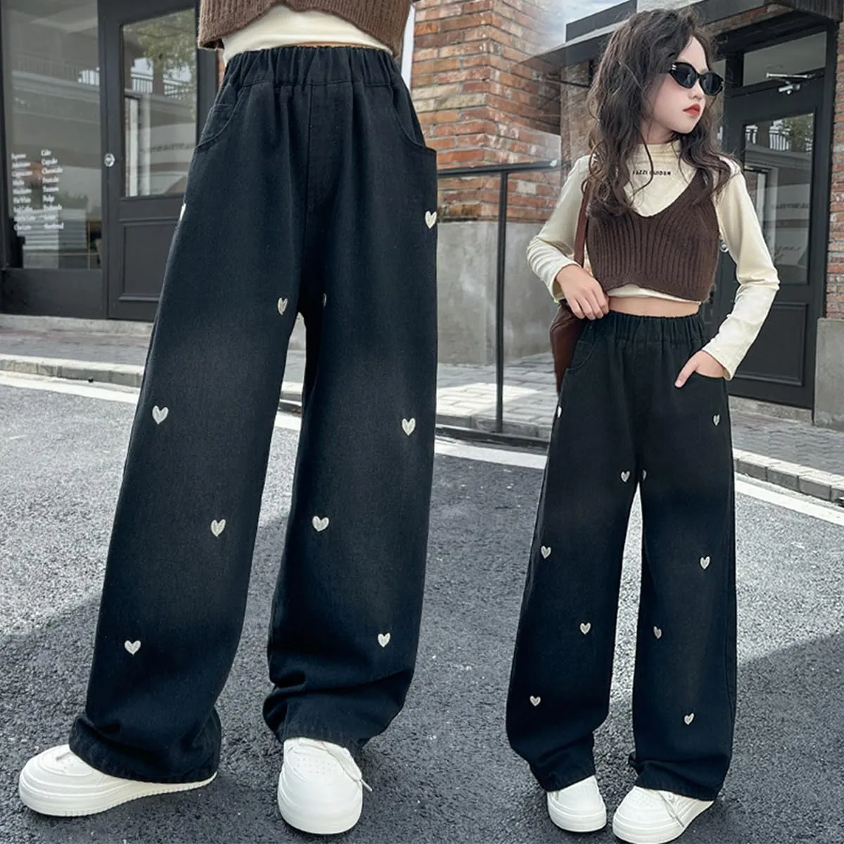 Kids Girls Baggy Jeans Heart Print Casual Wide Leg Loose fit Denim Pants Size 5-14 Years
