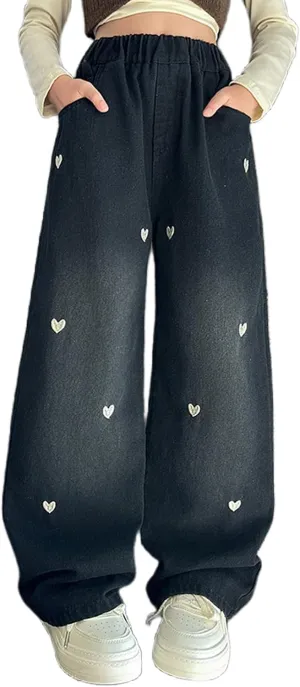 Kids Girls Baggy Jeans Heart Print Casual Wide Leg Loose fit Denim Pants Size 5-14 Years
