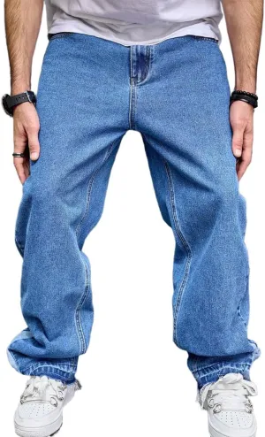 Kinghua Mens Baggy Jeans Straight Leg Loose Fit Denim Pants Casual Skater Streetwear Trousers