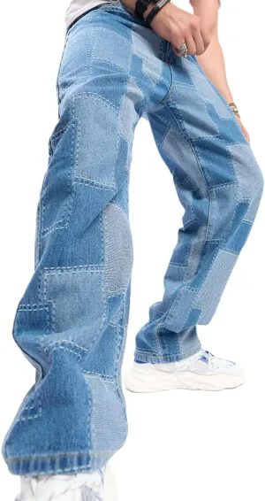 Kinghua Mens Baggy Jeans Straight Leg Loose Fit Denim Pants Casual Skater Streetwear Trousers