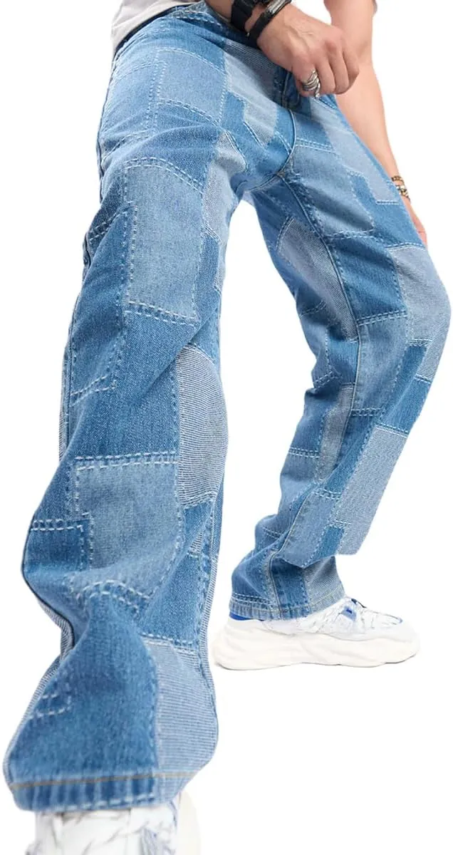 Kinghua Mens Baggy Jeans Straight Leg Loose Fit Denim Pants Casual Skater Streetwear Trousers
