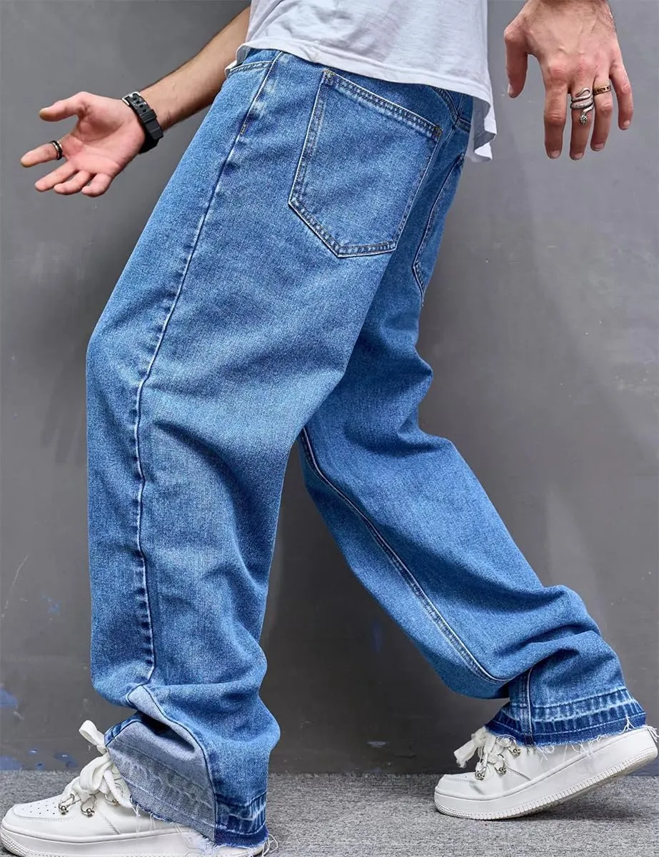 Kinghua Mens Baggy Jeans Straight Leg Loose Fit Denim Pants Casual Skater Streetwear Trousers