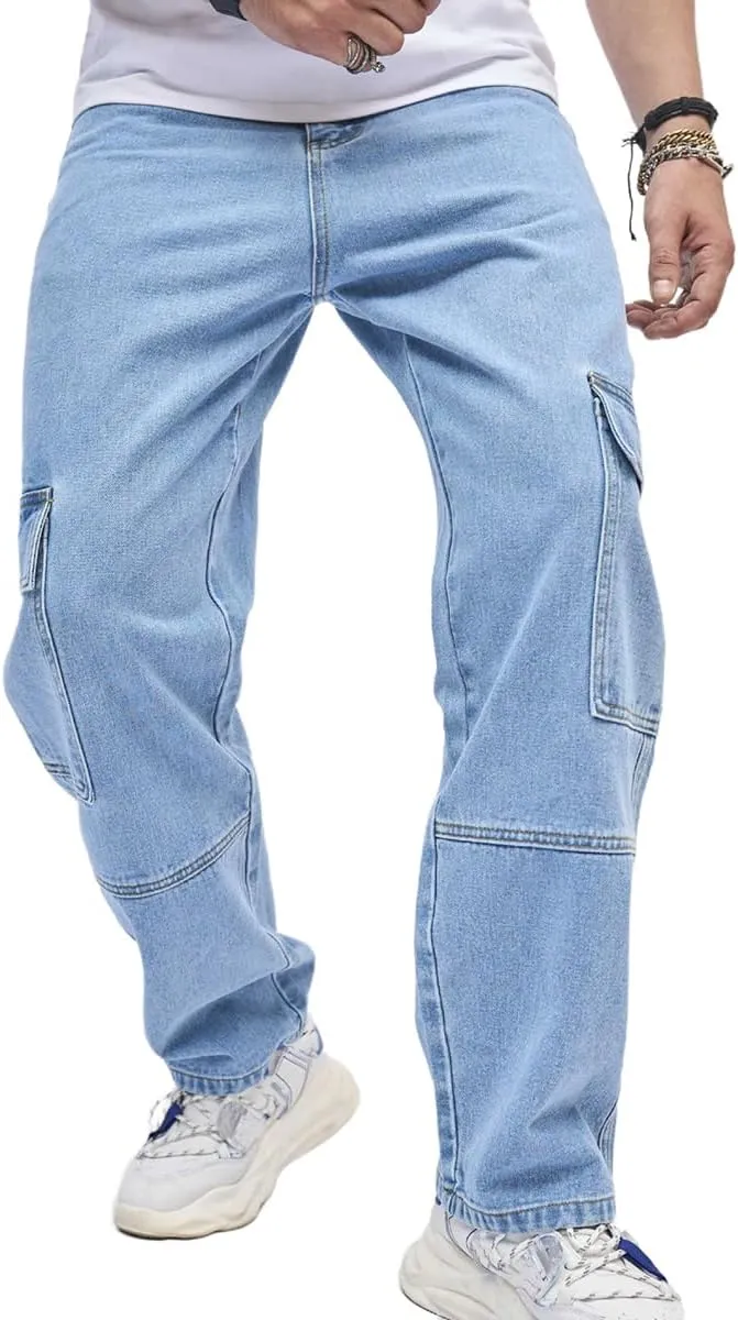 Kinghua Mens Baggy Jeans Straight Leg Loose Fit Denim Pants Casual Skater Streetwear Trousers