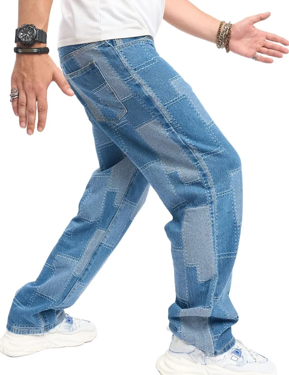 Kinghua Mens Baggy Jeans Straight Leg Loose Fit Denim Pants Casual Skater Streetwear Trousers