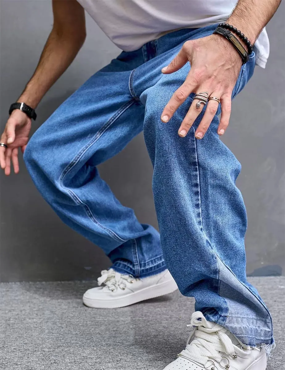 Kinghua Mens Baggy Jeans Straight Leg Loose Fit Denim Pants Casual Skater Streetwear Trousers