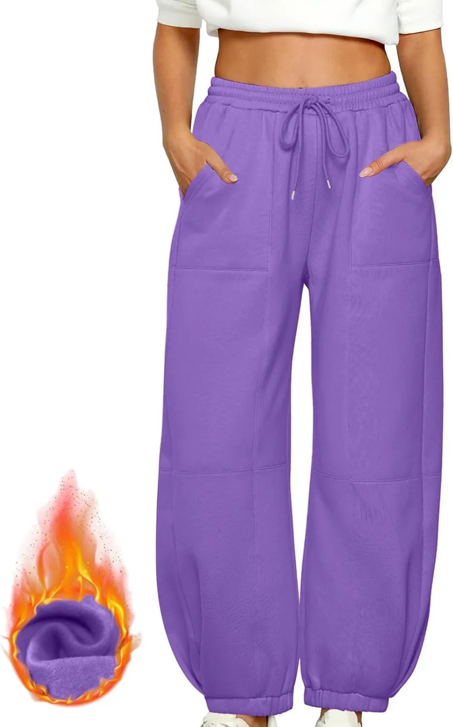 lcziwo Womens Fleece Lined Pants Baggy Wide Straight Leg Pants High Waisted Athletic Jogger Pants Drawstring Loungewear