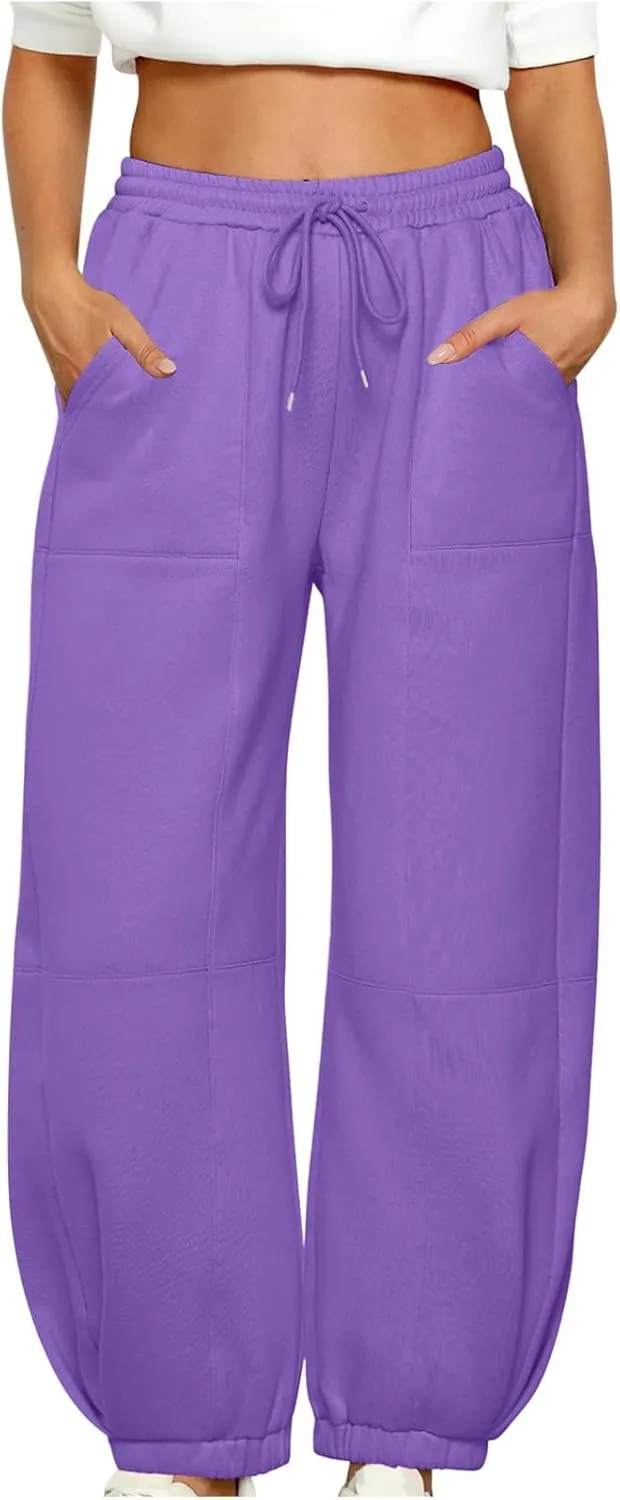 lcziwo Womens Fleece Lined Pants Baggy Wide Straight Leg Pants High Waisted Athletic Jogger Pants Drawstring Loungewear