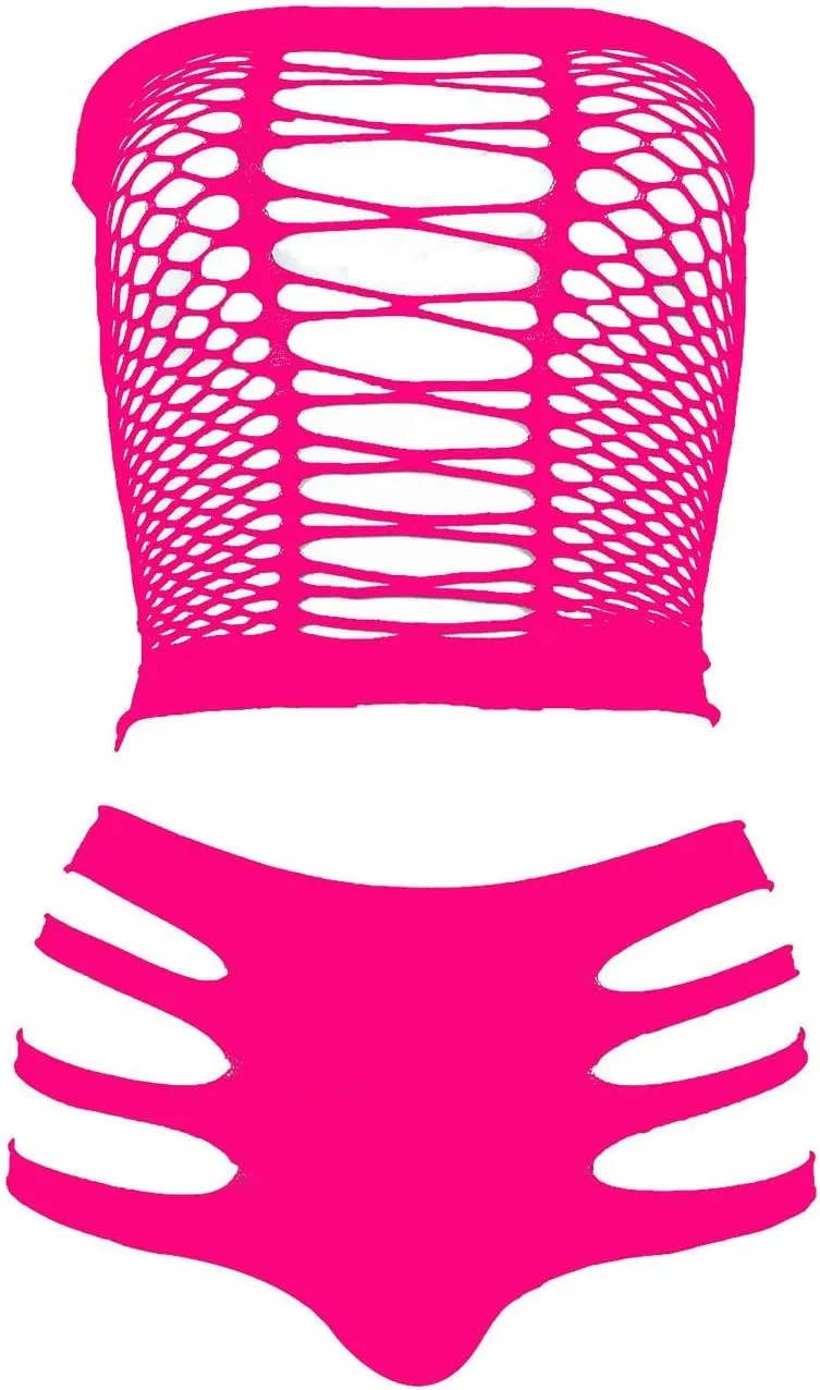 LEMON GIRL Women's Lingerie Fishnet BabyDoll Bodysuit Mini Dress Set One Size