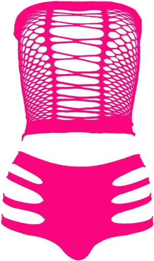 LEMON GIRL Women's Lingerie Fishnet BabyDoll Bodysuit Mini Dress Set One Size