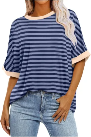 LFEOOST Oversized Tshirts for Women 2024 Casual Short Sleeve Crewneck Summer Y2k Tops Striped Loose Basic Tee Shirts Blouses