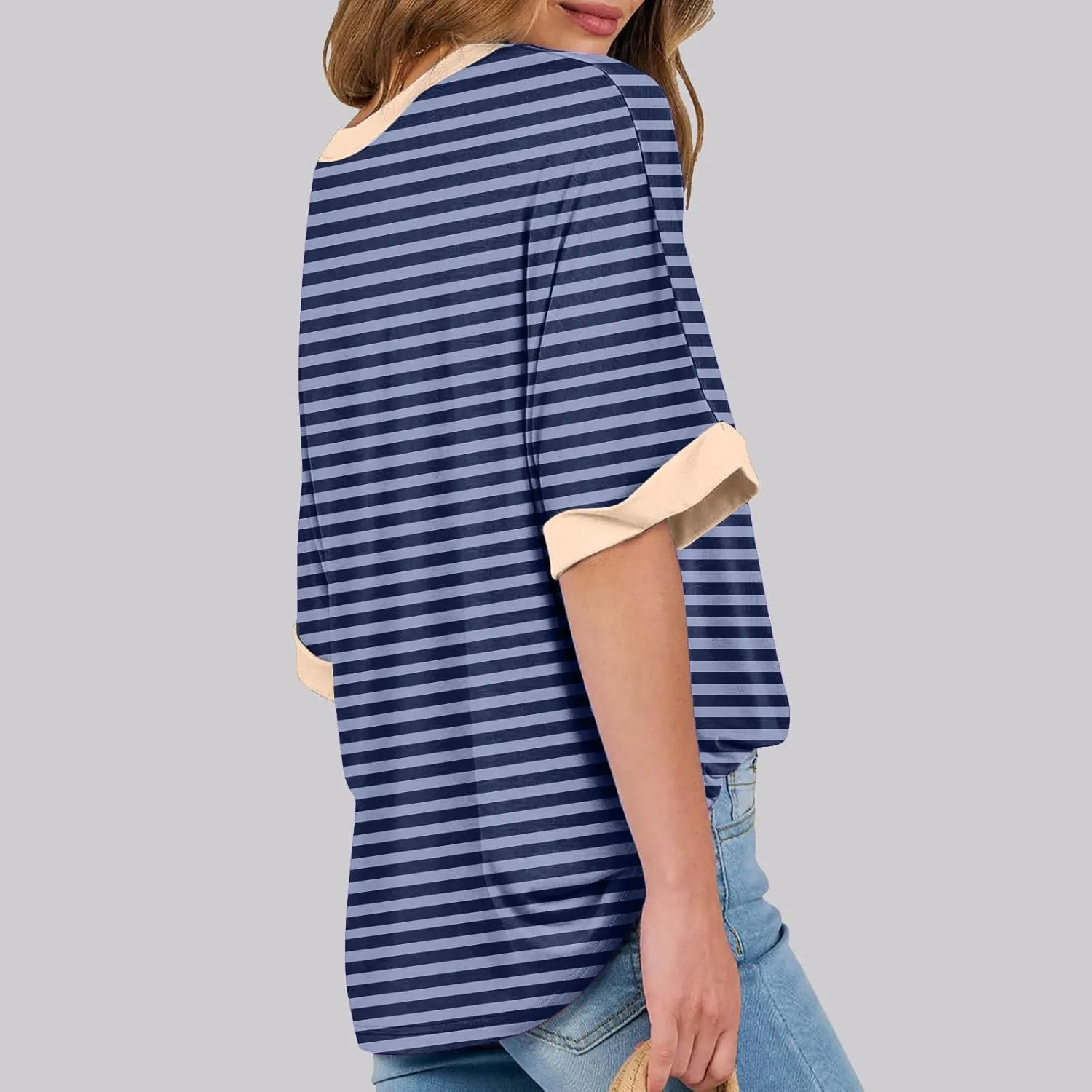 LFEOOST Oversized Tshirts for Women 2024 Casual Short Sleeve Crewneck Summer Y2k Tops Striped Loose Basic Tee Shirts Blouses