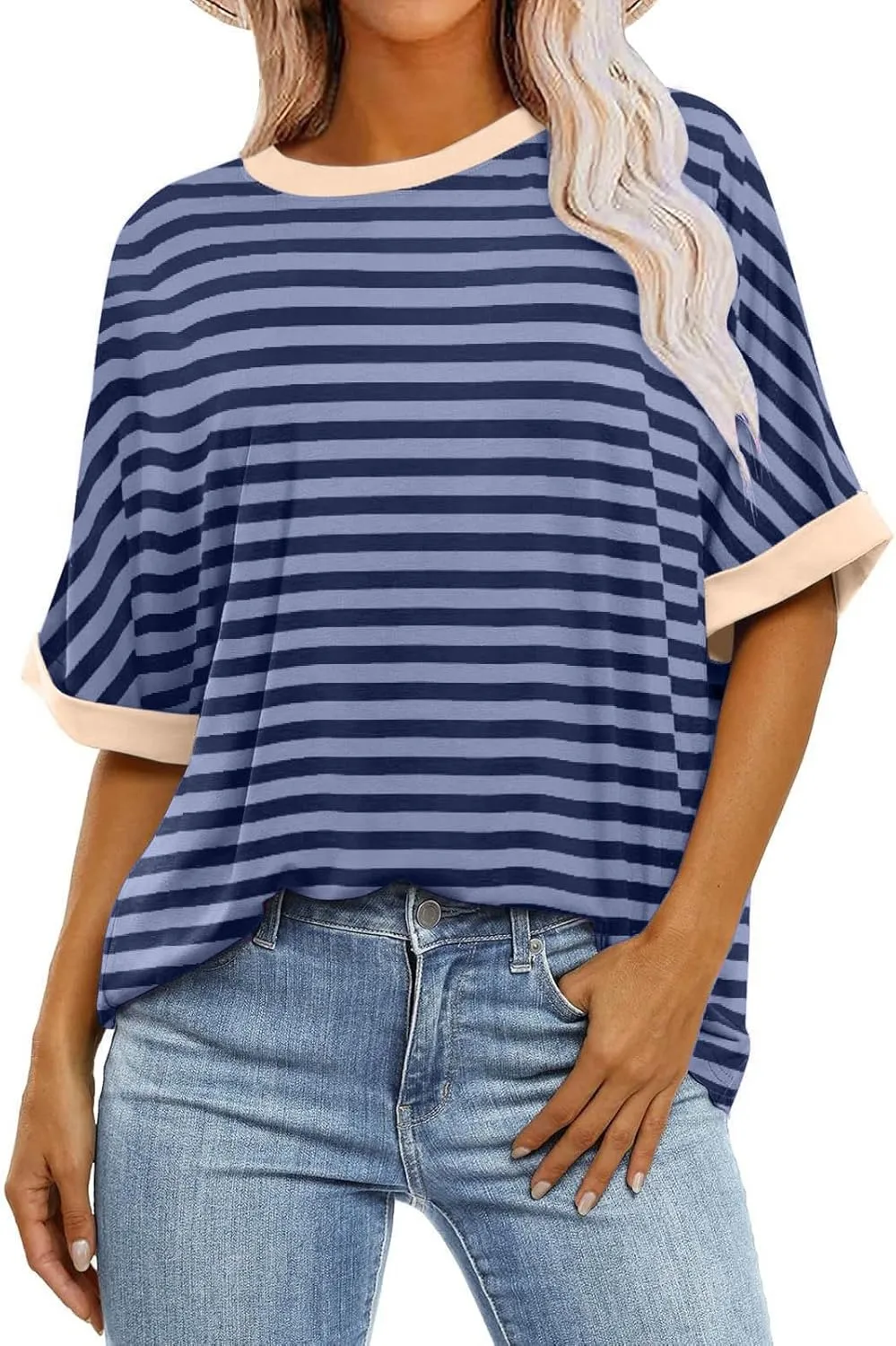 LFEOOST Oversized Tshirts for Women 2024 Casual Short Sleeve Crewneck Summer Y2k Tops Striped Loose Basic Tee Shirts Blouses
