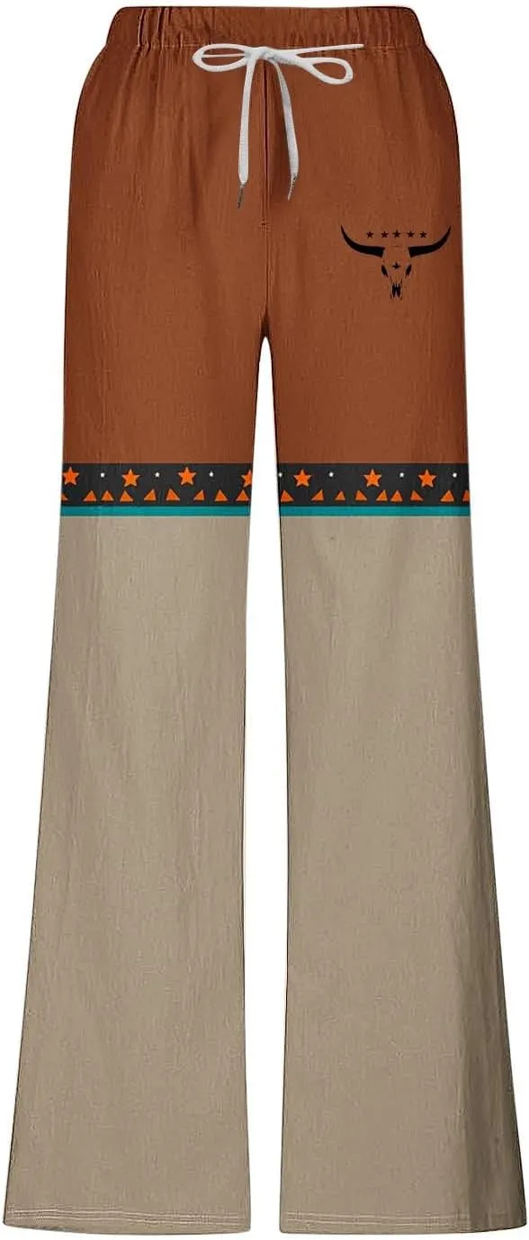 Linen Pants Men Printed Summer Casual Elastic Waist Pants with Pockets Relaxed Fit Soft Loungewear Plus Size