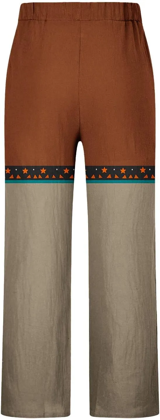Linen Pants Men Printed Summer Casual Elastic Waist Pants with Pockets Relaxed Fit Soft Loungewear Plus Size