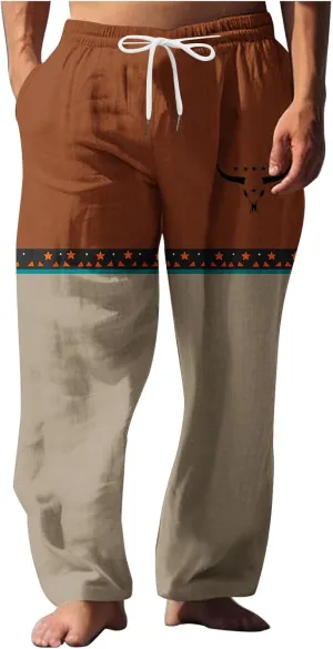 Linen Pants Men Printed Summer Casual Elastic Waist Pants with Pockets Relaxed Fit Soft Loungewear Plus Size