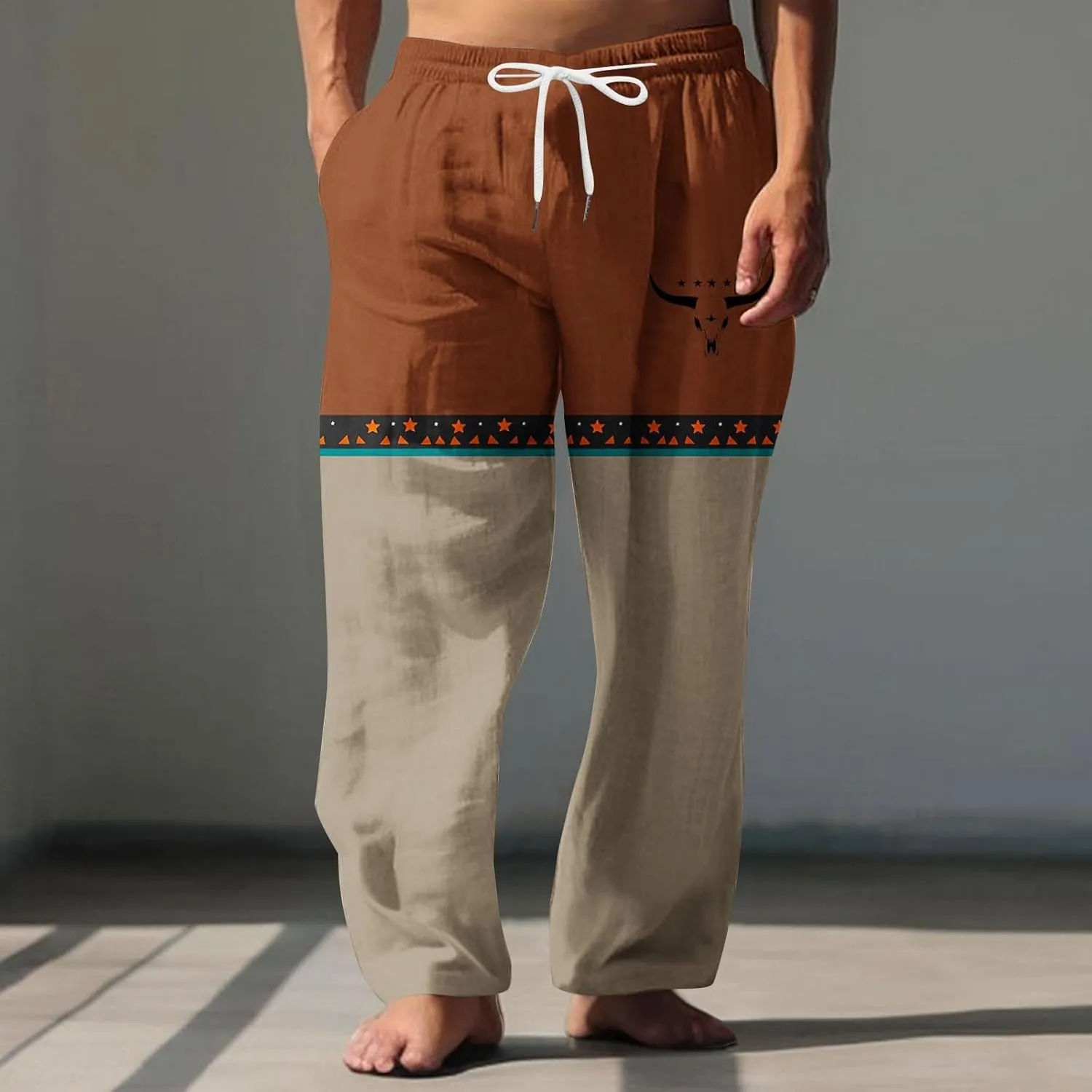 Linen Pants Men Printed Summer Casual Elastic Waist Pants with Pockets Relaxed Fit Soft Loungewear Plus Size