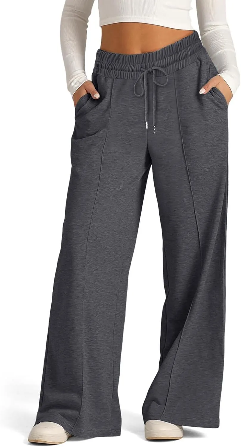 Lounge Pants with Pockets for Women, Wide Leg Lightweight High Waist Adjustable Tie Knot Loose Fit Drawstring Trousers
