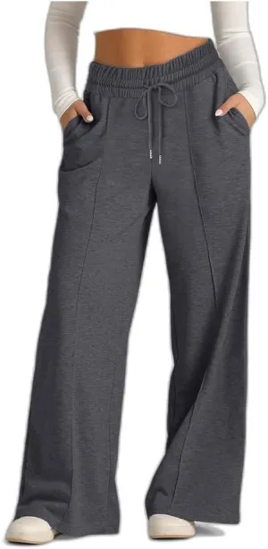 Lounge Pants with Pockets for Women, Wide Leg Lightweight High Waist Adjustable Tie Knot Loose Fit Drawstring Trousers