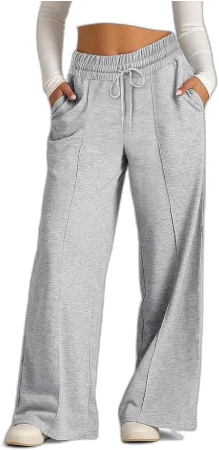 Lounge Pants with Pockets for Women, Wide Leg Lightweight High Waist Adjustable Tie Knot Loose Fit Drawstring Trousers