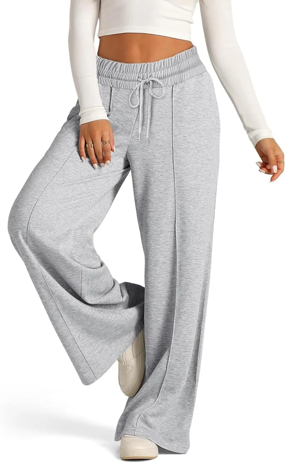 Lounge Pants with Pockets for Women, Wide Leg Lightweight High Waist Adjustable Tie Knot Loose Fit Drawstring Trousers