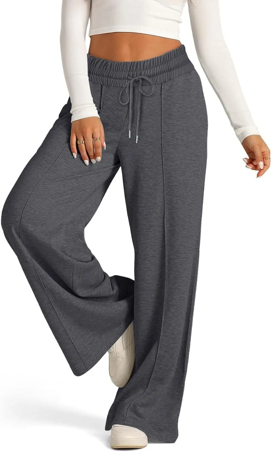 Lounge Pants with Pockets for Women, Wide Leg Lightweight High Waist Adjustable Tie Knot Loose Fit Drawstring Trousers