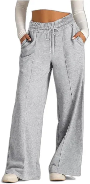 Lounge Pants with Pockets for Women, Wide Leg Lightweight High Waist Adjustable Tie Knot Loose Fit Drawstring Trousers
