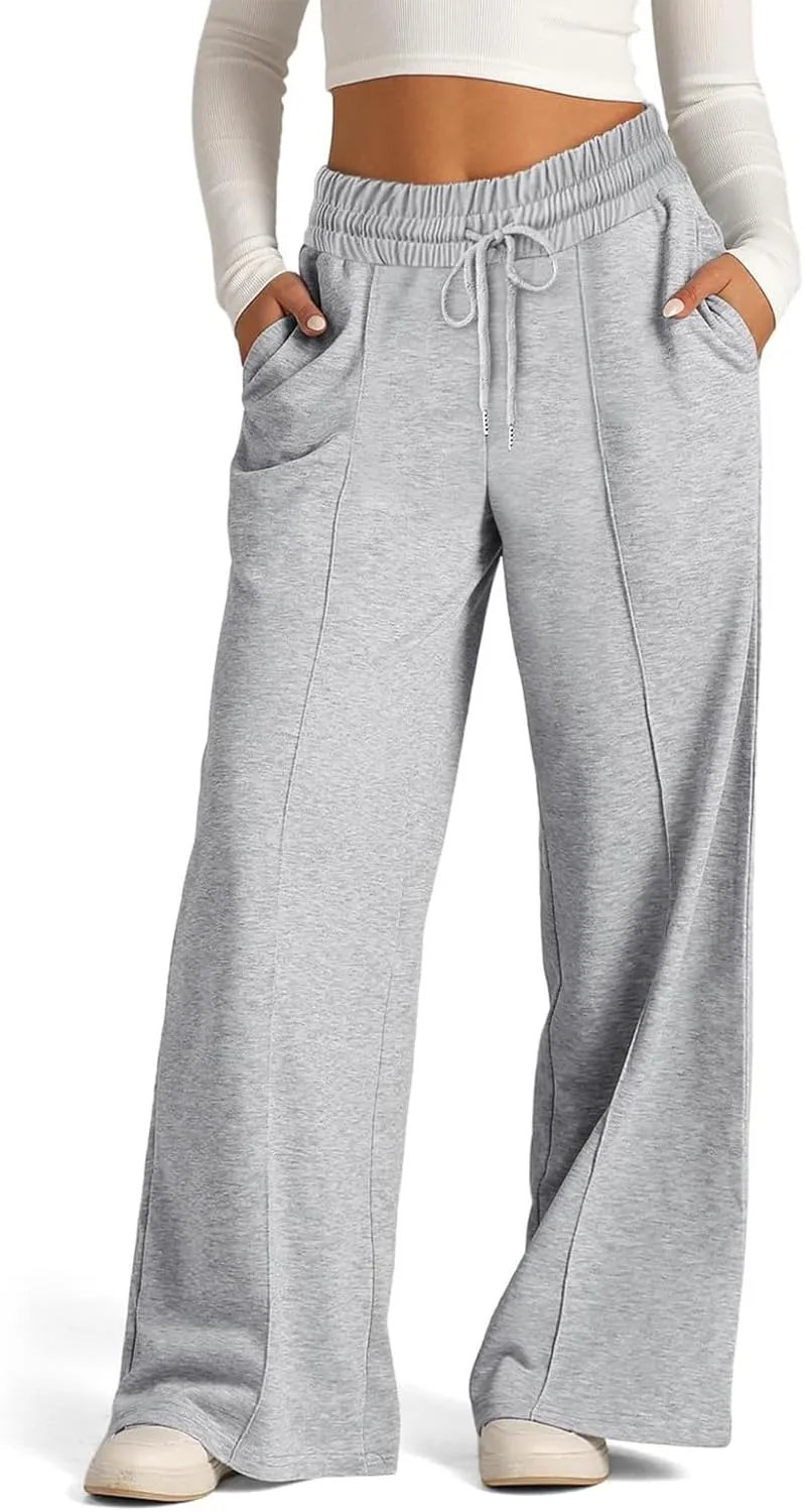 Lounge Pants with Pockets for Women, Wide Leg Lightweight High Waist Adjustable Tie Knot Loose Fit Drawstring Trousers