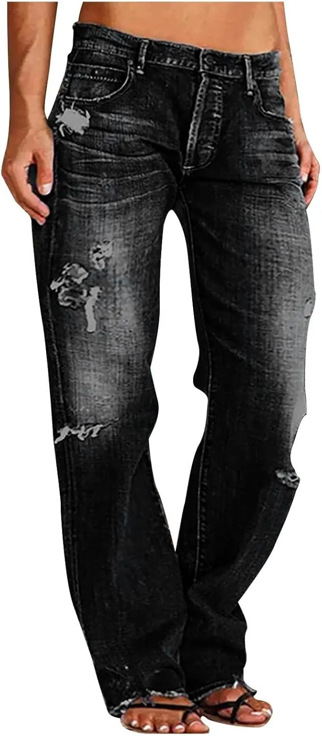 Low Rise Jeans for Woman Light Wash Baggy Straight Leg Jeans Plus Size Boyfriend Distressed Wide Leg Ripped Jean
