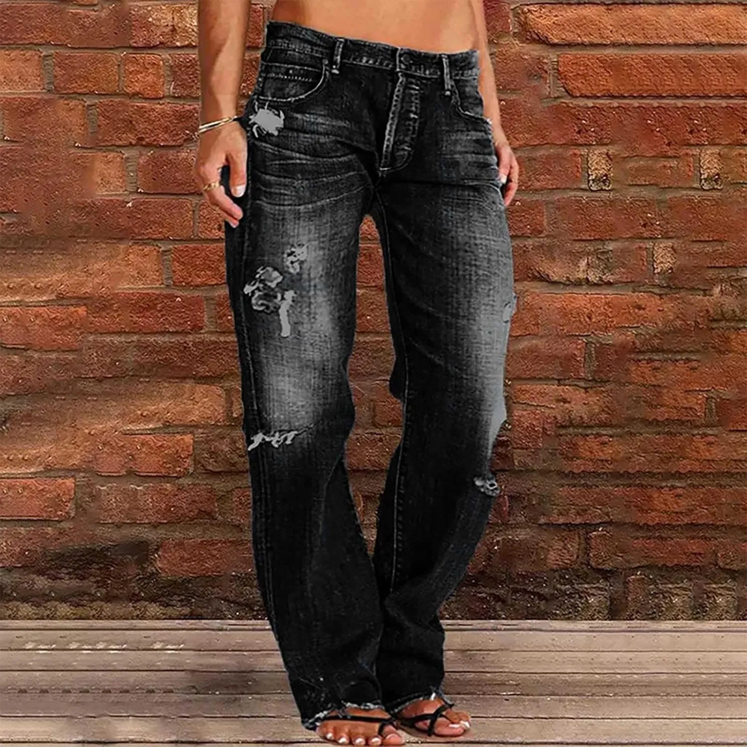 Low Rise Jeans for Woman Light Wash Baggy Straight Leg Jeans Plus Size Boyfriend Distressed Wide Leg Ripped Jean