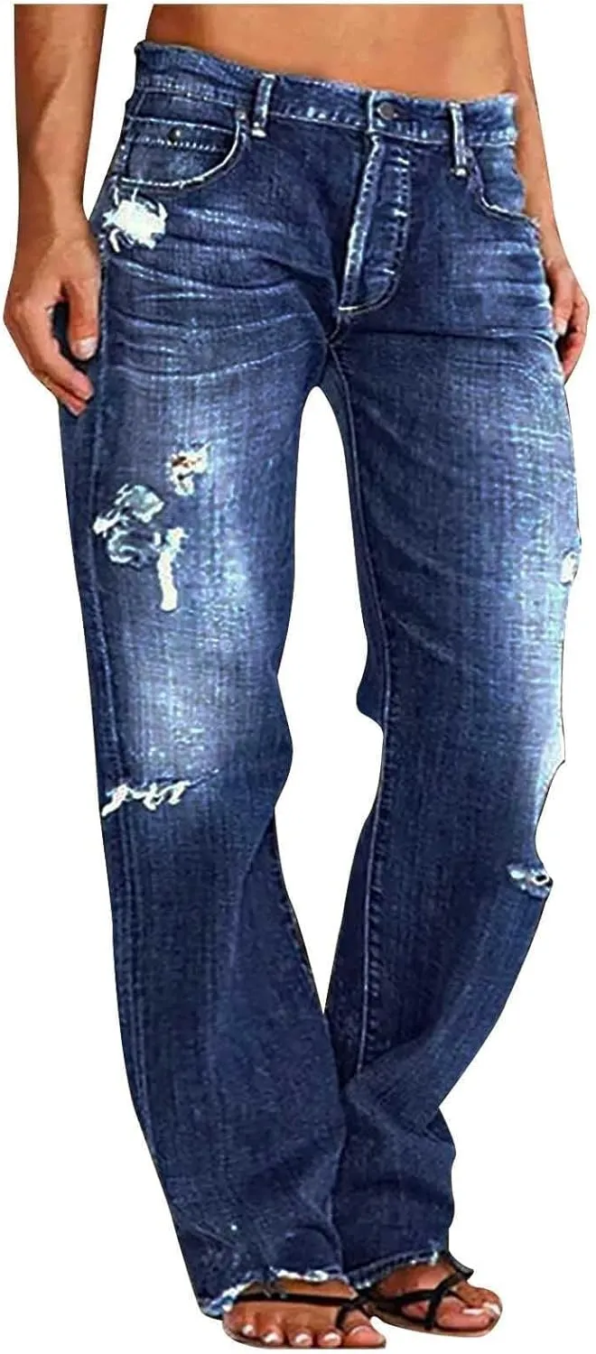 Low Rise Jeans for Woman Light Wash Baggy Straight Leg Jeans Plus Size Boyfriend Distressed Wide Leg Ripped Jean