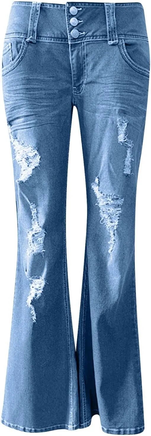 Low Rise Jeans for Woman Stretchy Ripped Distressed Flare Denim Pants Straight Leg Fashionable Boyfriend Denim Jeans