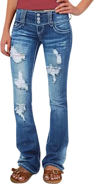 Low Rise Jeans for Woman Stretchy Ripped Distressed Flare Denim Pants Straight Leg Fashionable Boyfriend Denim Jeans