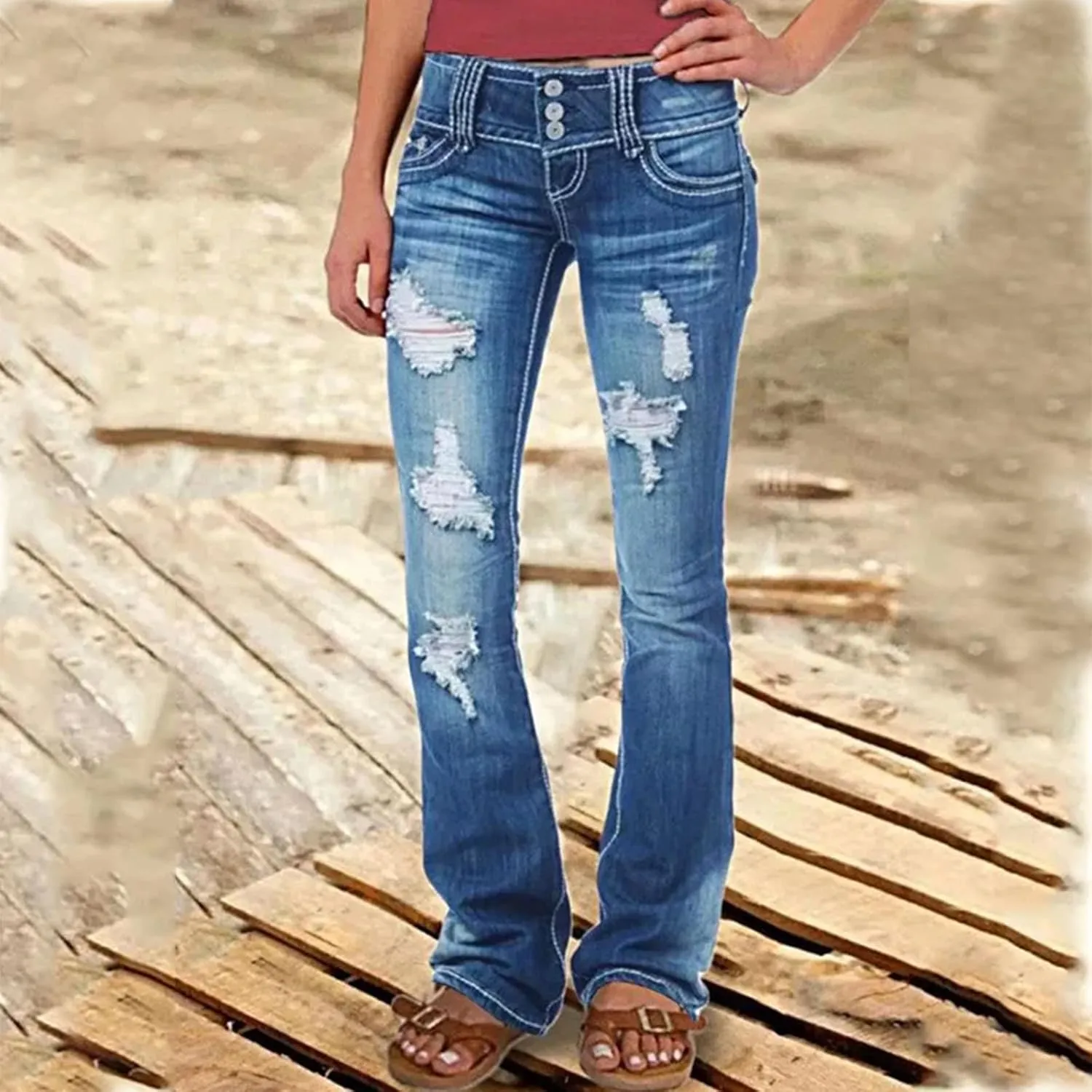 Low Rise Jeans for Woman Stretchy Ripped Distressed Flare Denim Pants Straight Leg Fashionable Boyfriend Denim Jeans