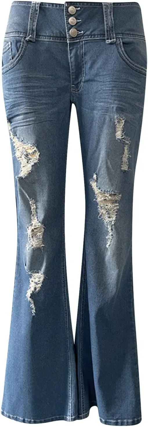 Low Rise Jeans for Woman Stretchy Ripped Distressed Flare Denim Pants Straight Leg Fashionable Boyfriend Denim Jeans