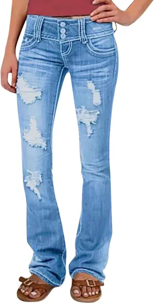 Low Rise Jeans for Woman Stretchy Ripped Distressed Flare Denim Pants Straight Leg Fashionable Boyfriend Denim Jeans
