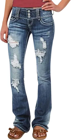 Low Rise Jeans for Woman Stretchy Ripped Distressed Flare Denim Pants Straight Leg Fashionable Boyfriend Denim Jeans