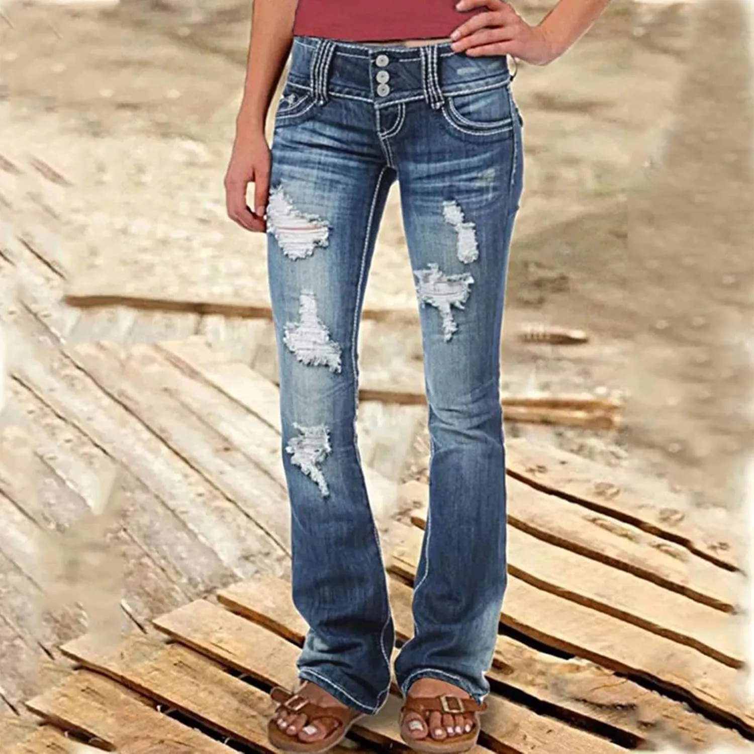 Low Rise Jeans for Woman Stretchy Ripped Distressed Flare Denim Pants Straight Leg Fashionable Boyfriend Denim Jeans