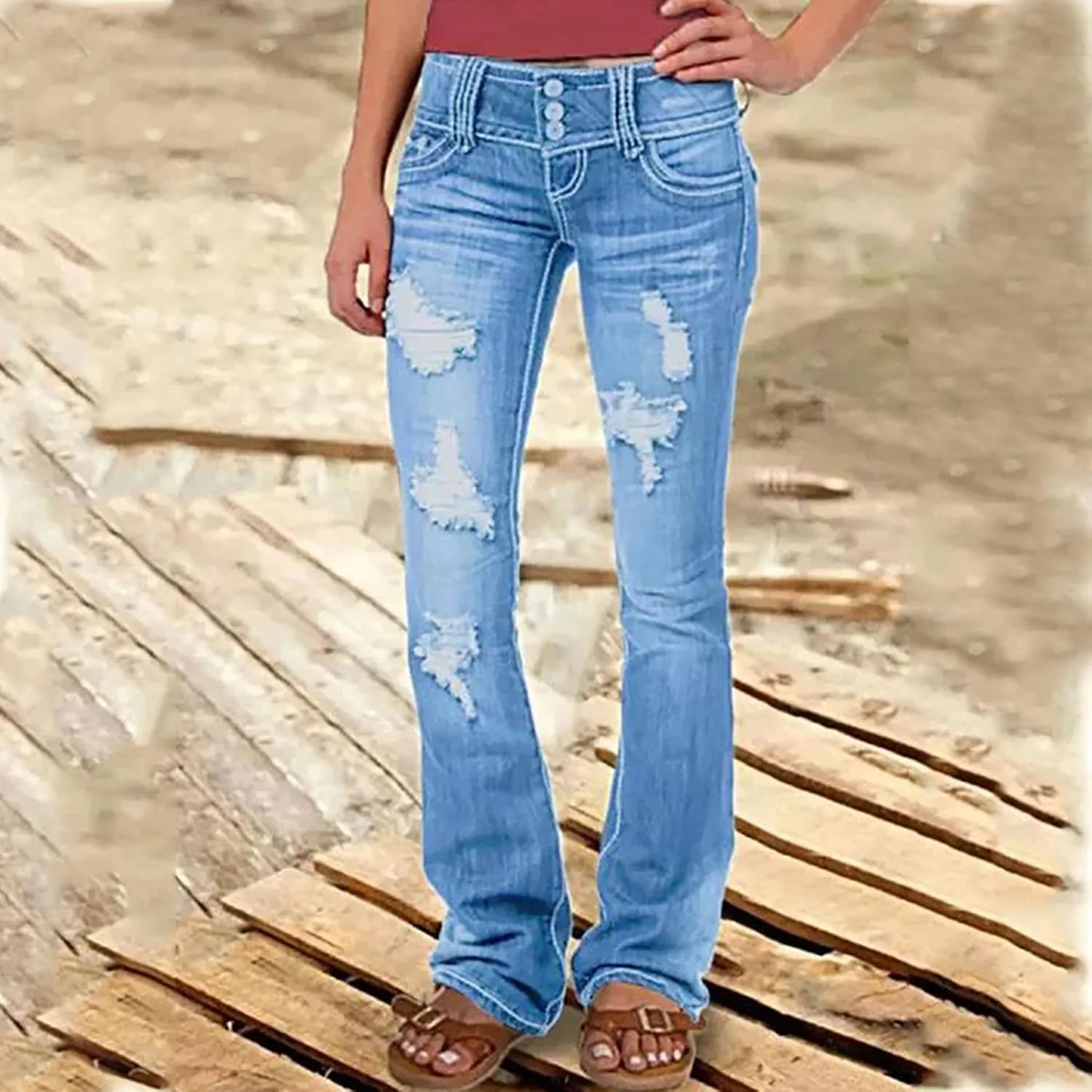 Low Rise Jeans for Woman Stretchy Ripped Distressed Flare Denim Pants Straight Leg Fashionable Boyfriend Denim Jeans