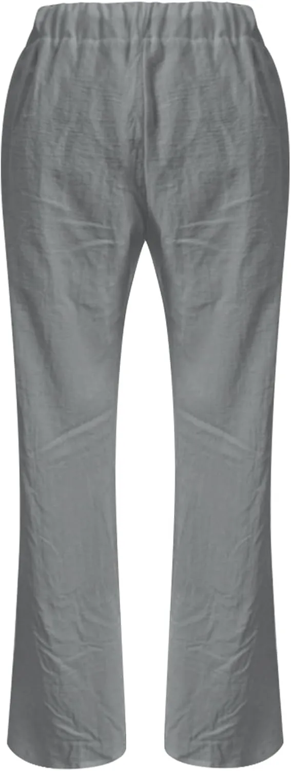 Low Rise Petite Linen Pants for Women Drawstring Elastic Waist Y2K Casual Flared Trouser Summer Loungewear Yoga Pants